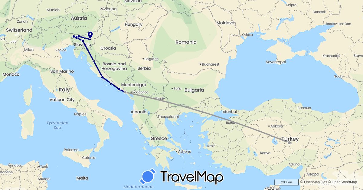 TravelMap itinerary: driving, plane in Croatia, Montenegro, Slovenia, Turkey (Asia, Europe)